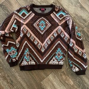 Brown and Teal rock and roll denim sweater small